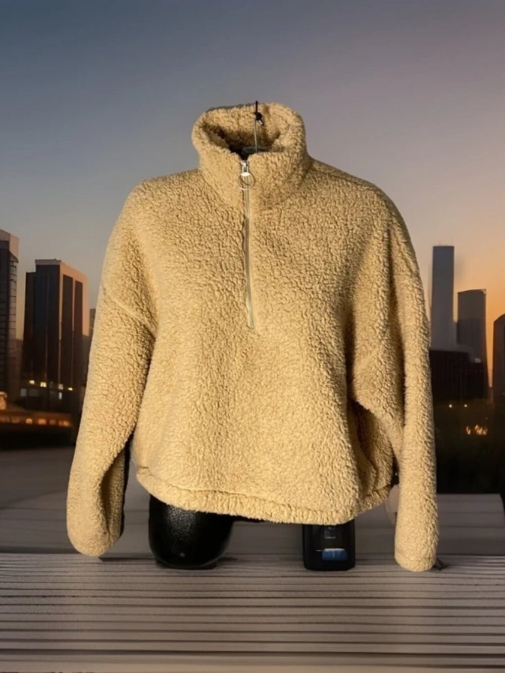 Hollister Women's Faux Sherpa Pullover Jacket Large Brown 3/4 Zipper Oversized